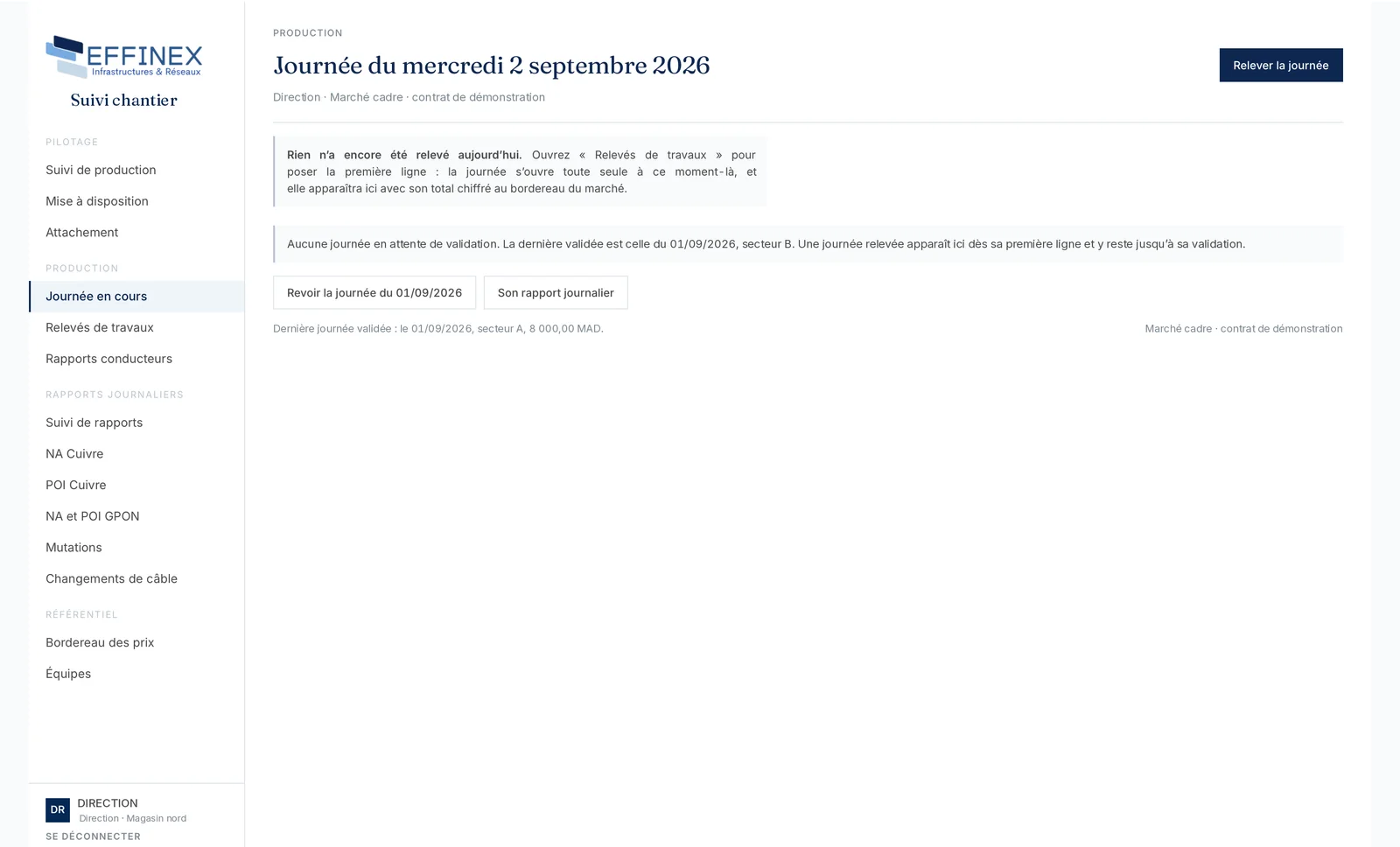 Écran de la journée en cours, encore vide : il indique que rien n’a été relevé, rappelle la dernière journée validée et propose d’ouvrir le relevé de travaux.